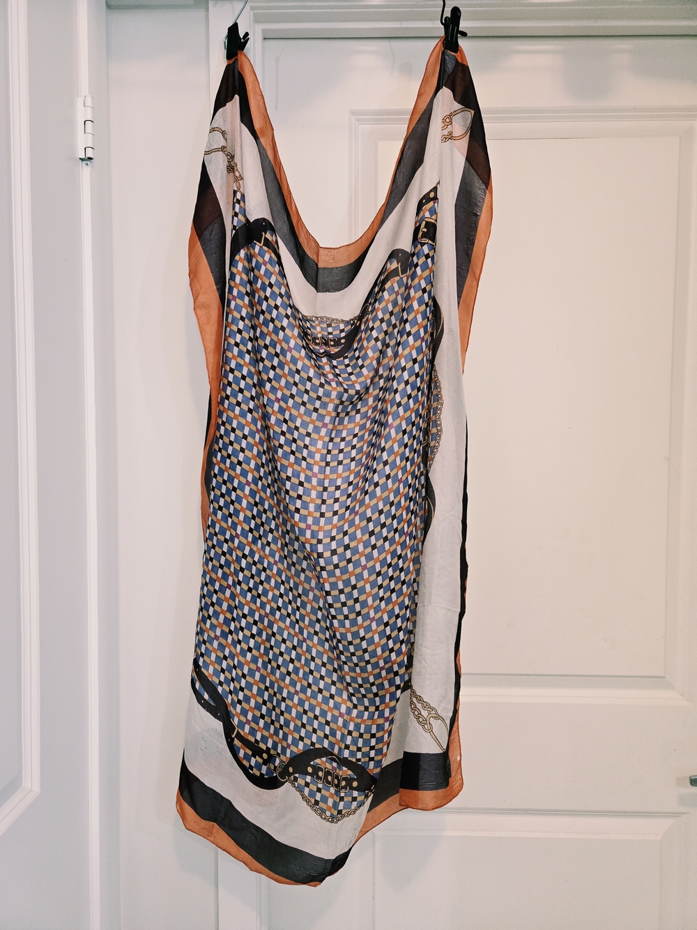 SILK Geometric Pattern Silk Scarf in Blue, Orange, Cream